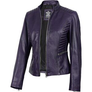 Women's Cafe Racer Style Real Leather Jackets Rachel Purple Zipper Long Sleeves
